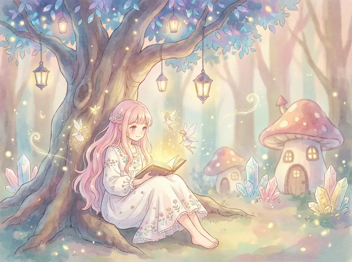 富贵兵团下载 - 魔法森林中阅读故事书的粉发少女与精灵